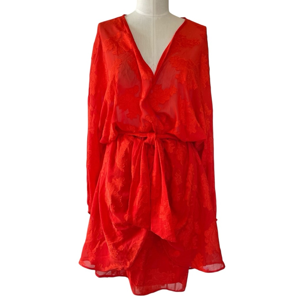 ❤️ NWT! ASOS CURVE Tomato Red Jacquard Sheer Belted Mini Dress - Picture 2 of 9